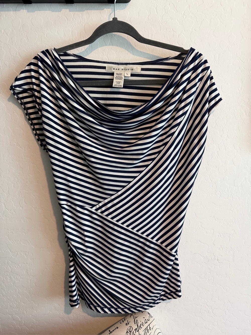 Max Studio Navy and White One-Shoulder Striped Drape Dress